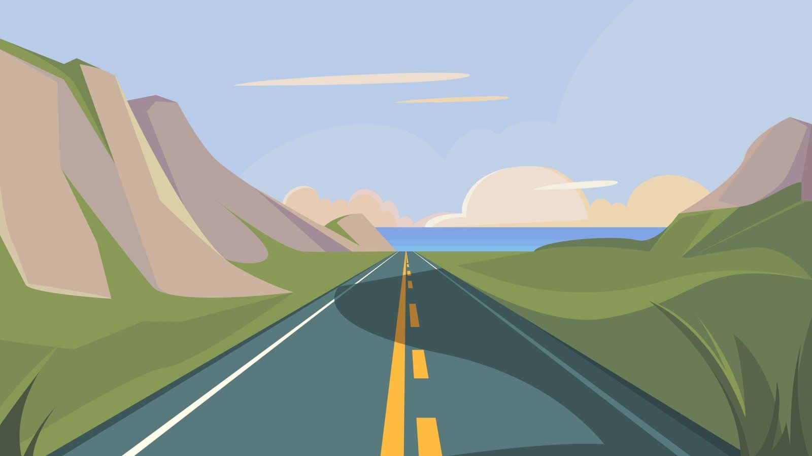 Ilustración: una carretera entre montañas verdes que baja hasta el mar.