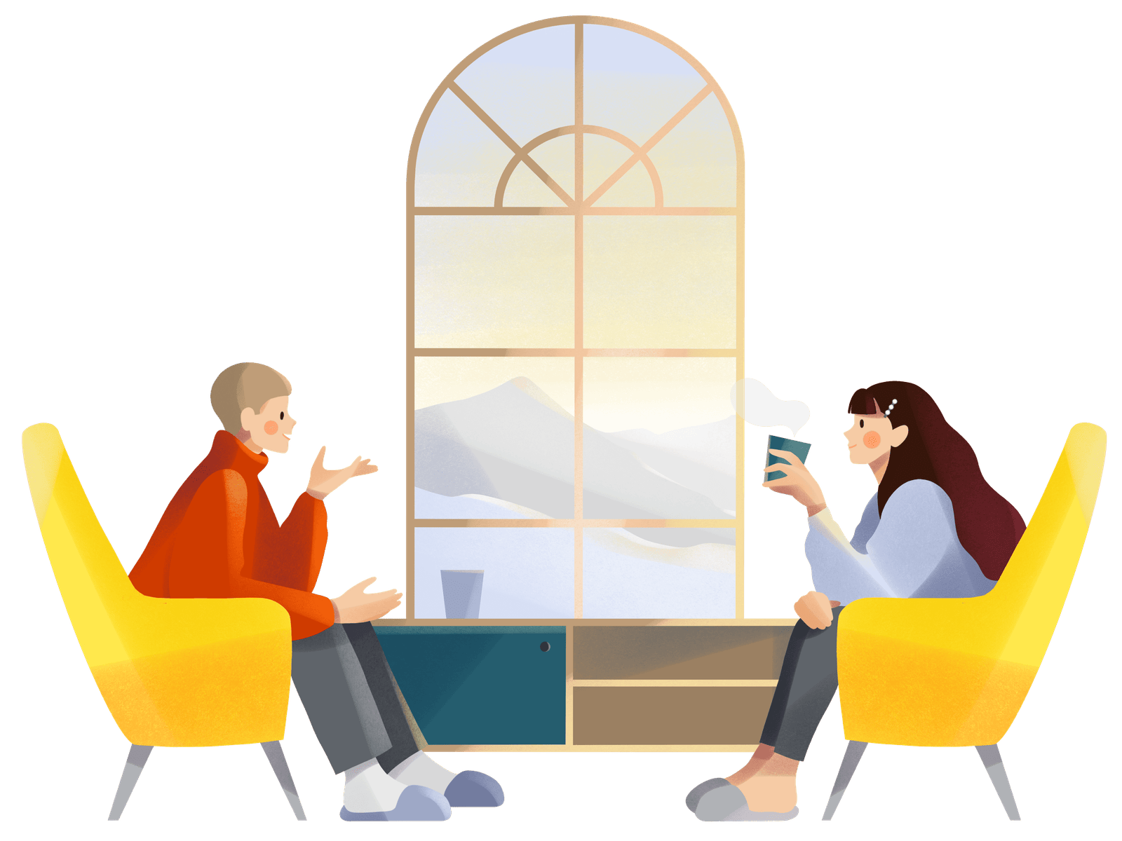 Ilustración: dos personas conversando sentadas en butacas junto a una ventana.