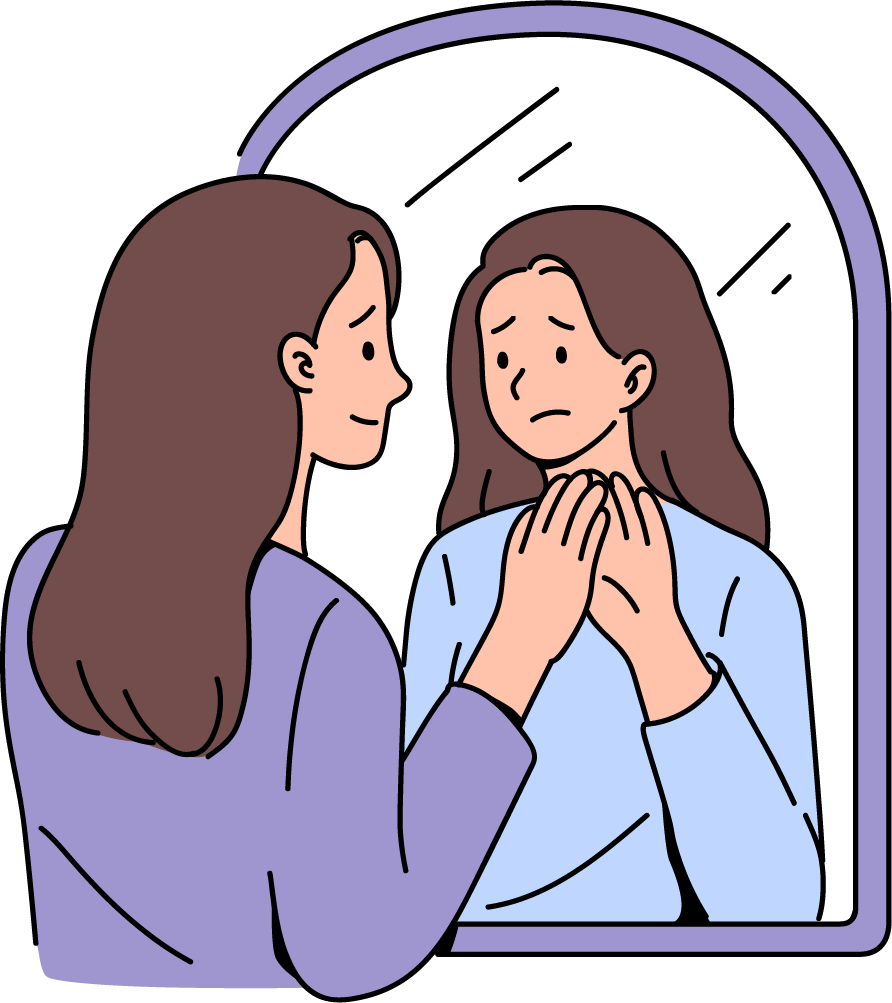 Ilustración: una mujer se mira en el espejo y su reflejo le devuelve una cara de angustia.