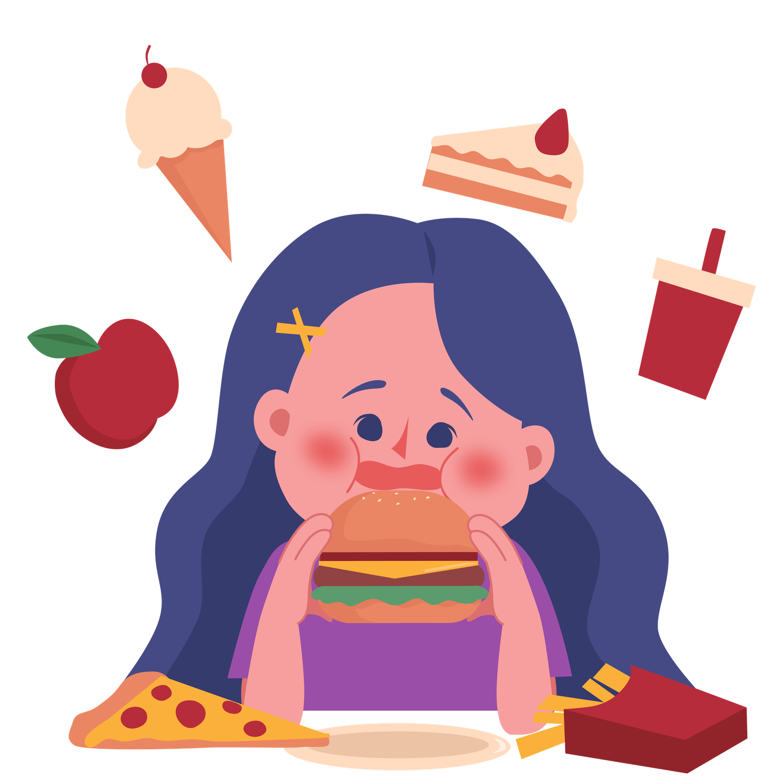 Ilustración: una chica sostiene una hamburguesa con las dos manos, rodeada de platos de comida.