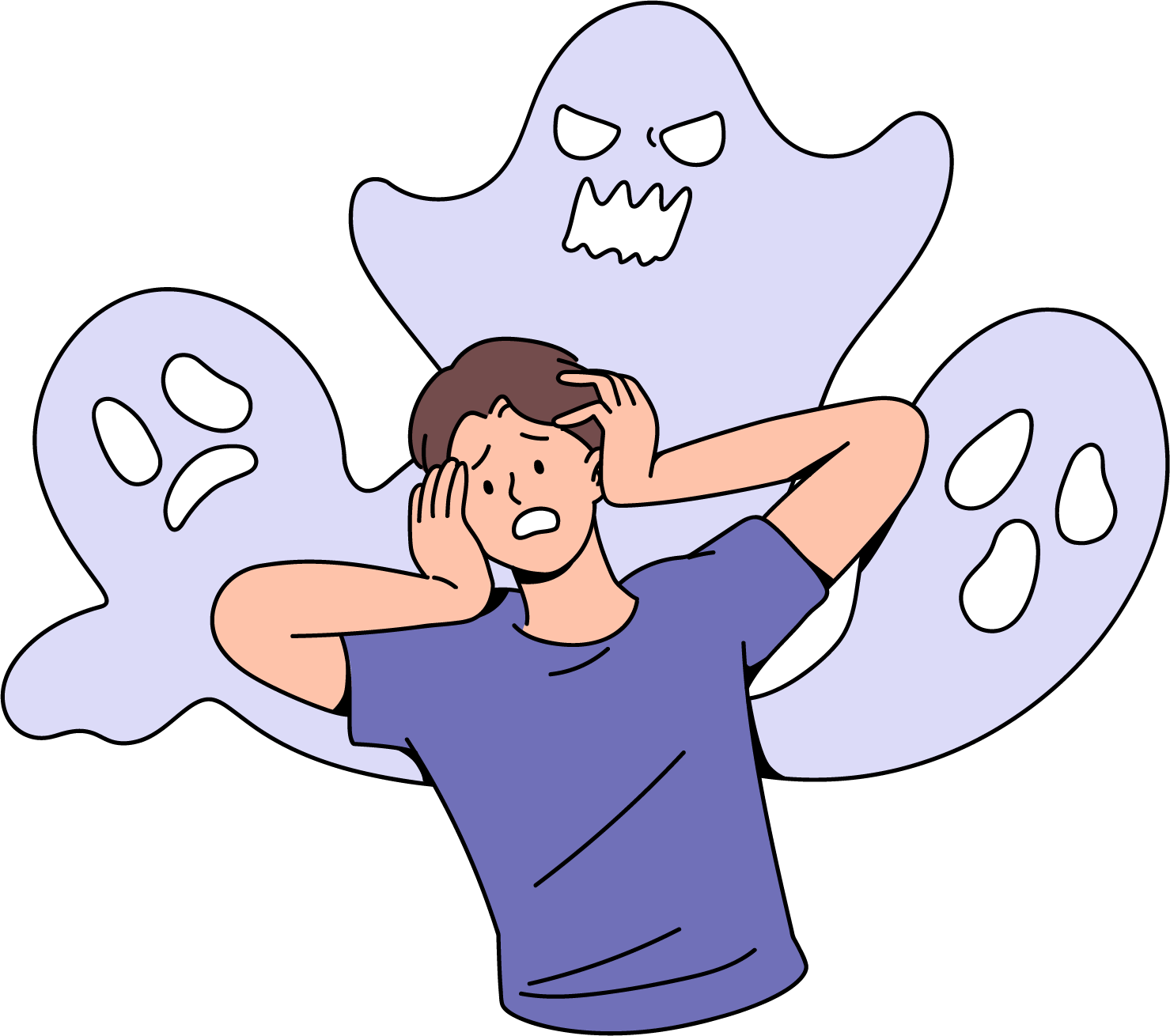 Ilustración: una persona se tapa los oídos rodeada de fantasmas que representan pensamientos intrusivos.